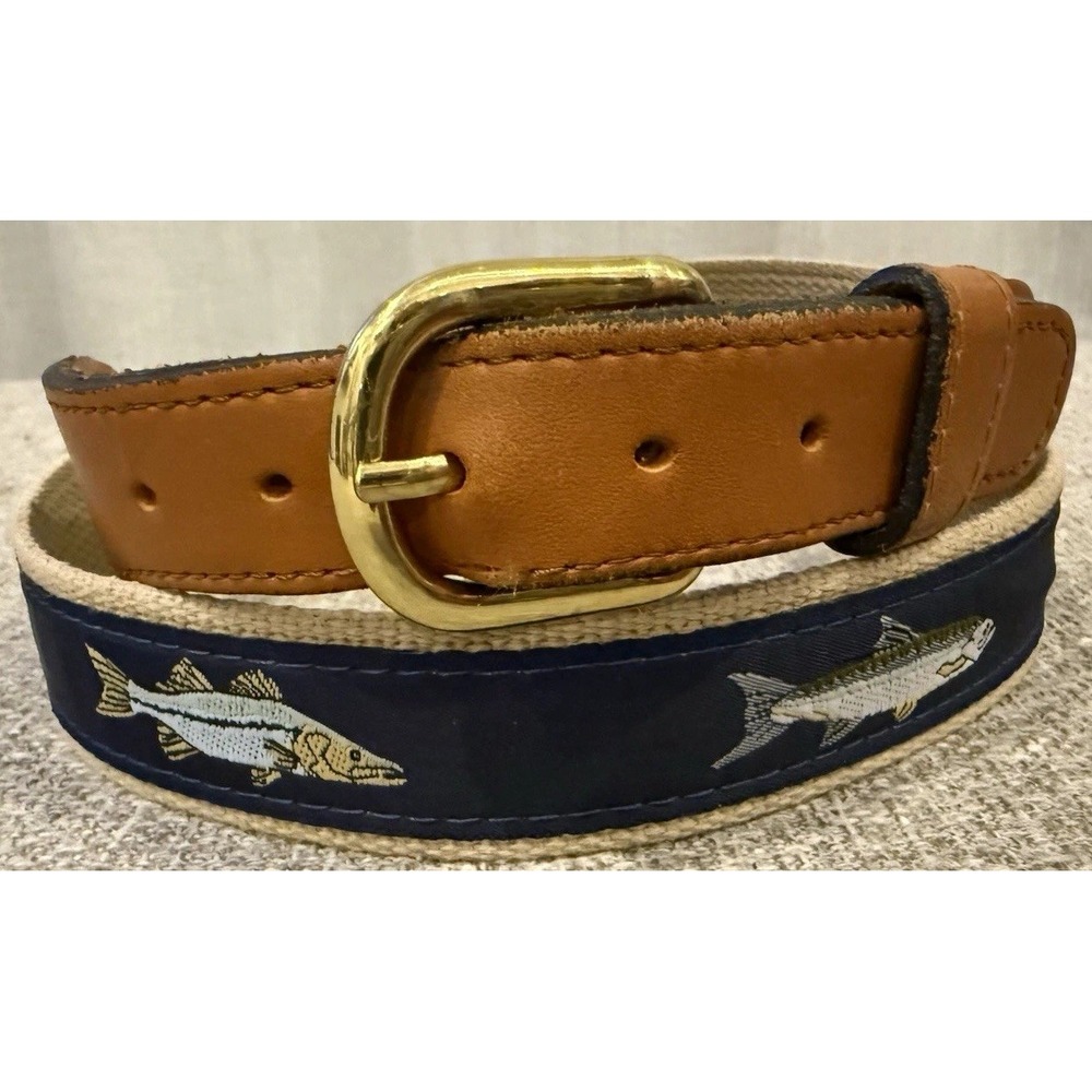 Vintage Gamefish Ribbon Belt Men's 42 Made in USA Leather Brass-Tone Buckle